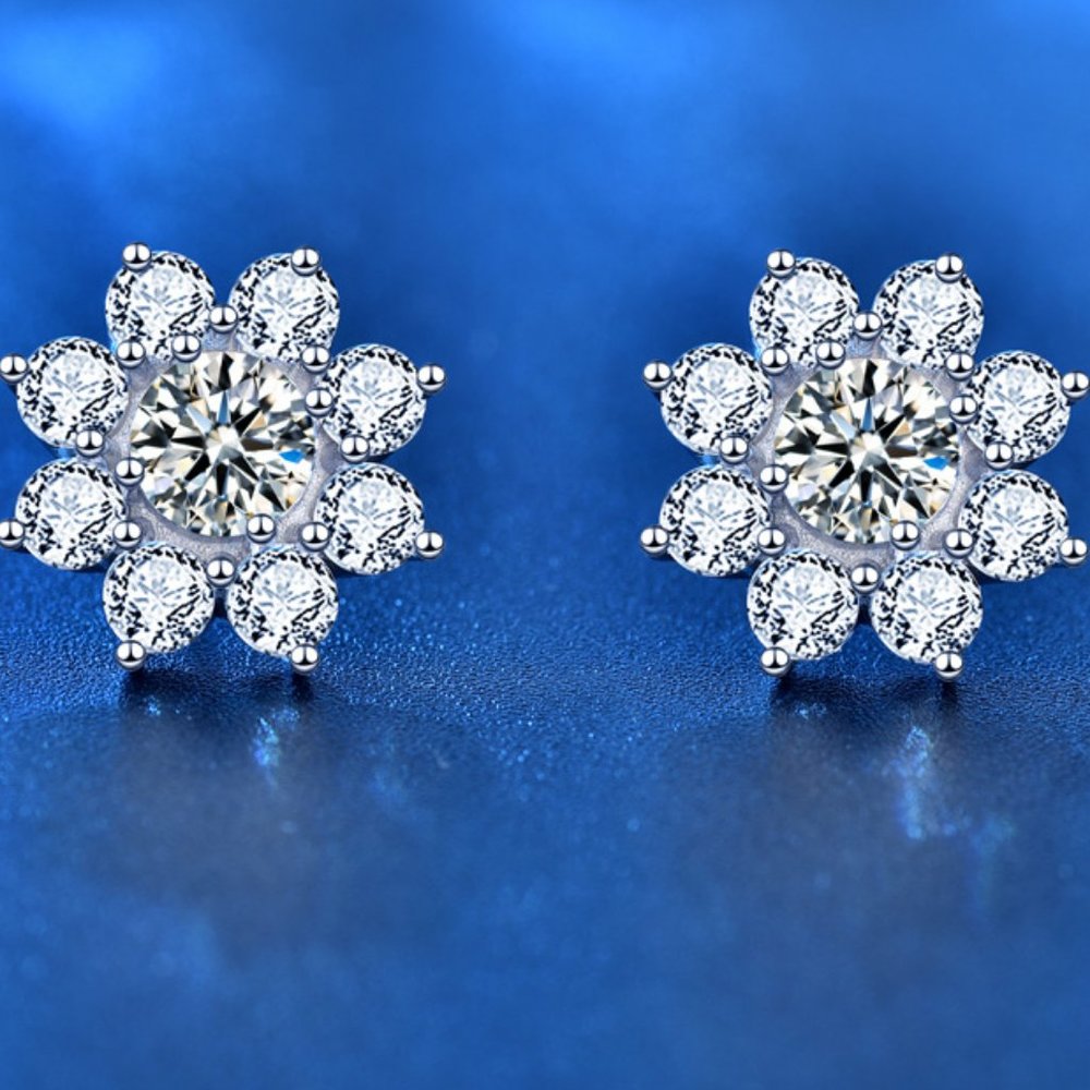 Certified 1ct. T.W. Diamond Moissanite Sun Flower Stud Earrings New J
